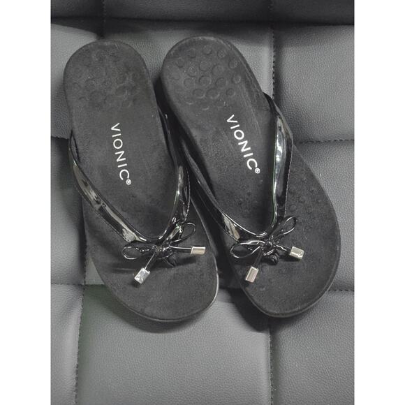 Vionic Bella II Patent Leather Black Thong Bow Arch Support Sandal Sz 5 - Picture 1 of 5